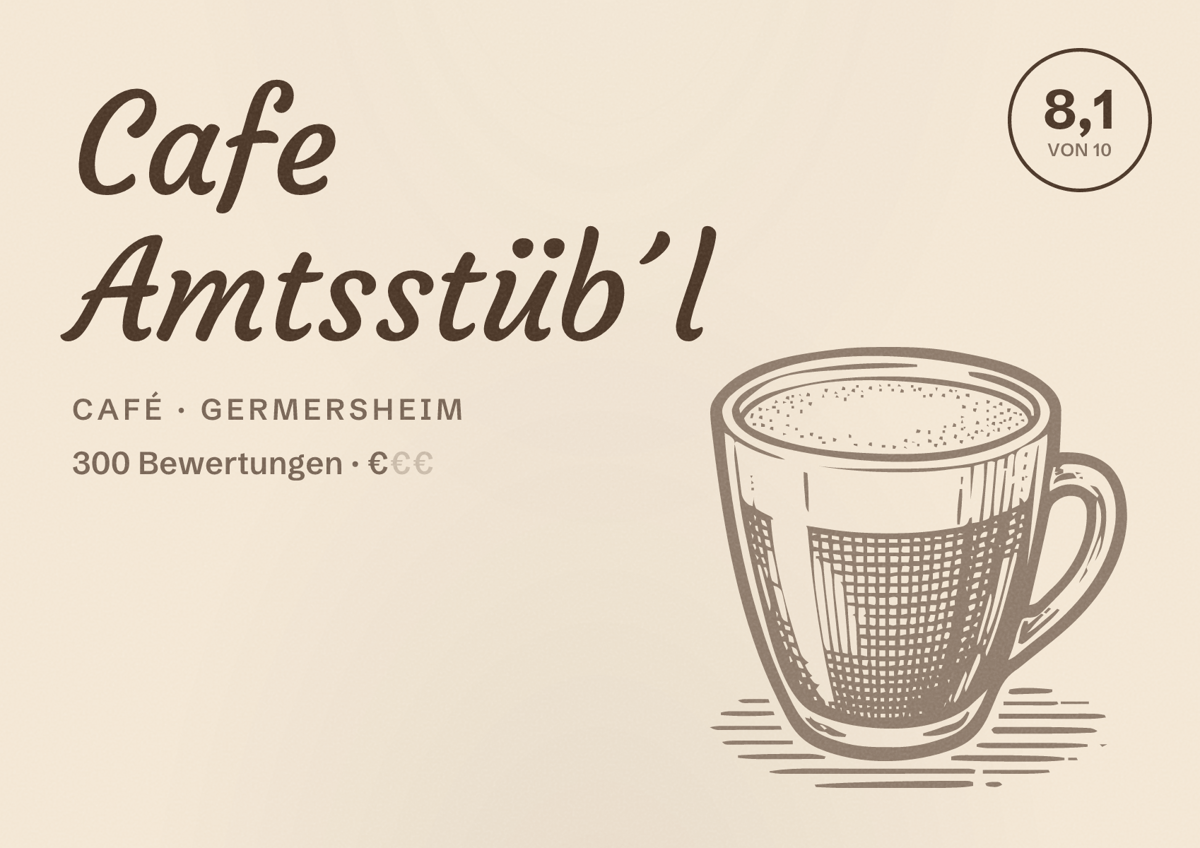 Illustriertes Poster von Cafe Amtsstüb´l, Café in Germersheim: Bewertung 8,1 von 10 aus 300 Bewertungen, Preisniveau €