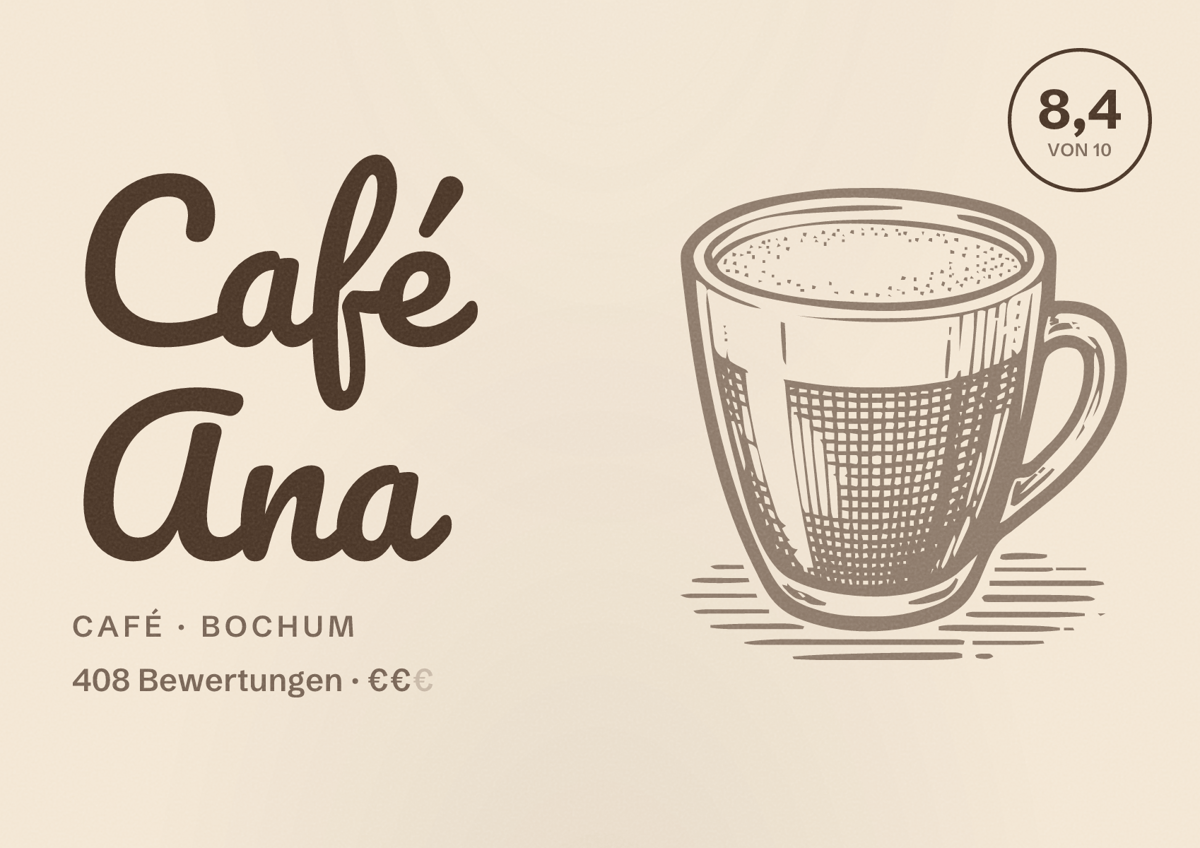 Illustriertes Poster von Café Ana, Café in Bochum: Bewertung 8,4 von 10 aus 408 Bewertungen, Preisniveau €€