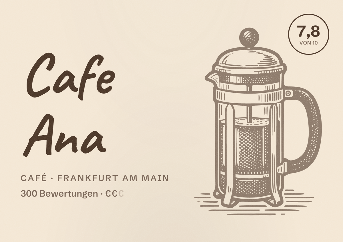 Illustriertes Poster von Cafe Ana, Café in Frankfurt am Main: Bewertung 7,8 von 10 aus 300 Bewertungen, Preisniveau €€