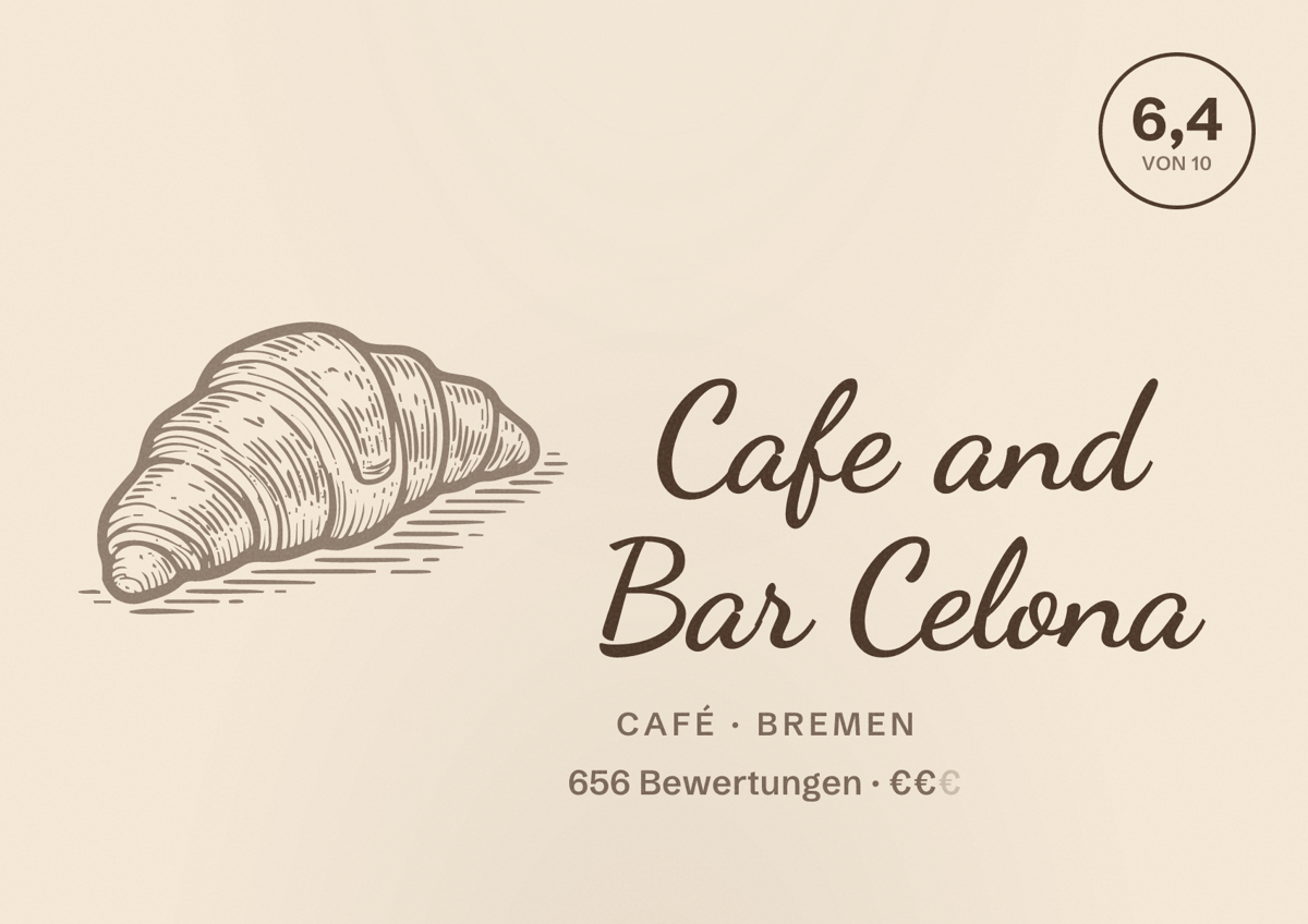 Illustriertes Poster von Cafe and Bar Celona, Café in Bremen: Bewertung 6,4 von 10 aus 656 Bewertungen, Preisniveau €€