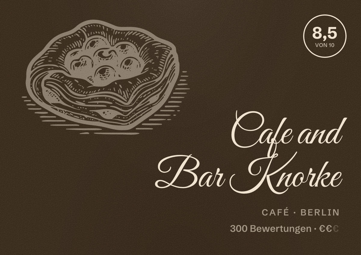 Illustriertes Poster von Cafe and Bar Knorke, Café in Berlin: Bewertung 8,5 von 10 aus 300 Bewertungen, Preisniveau €€