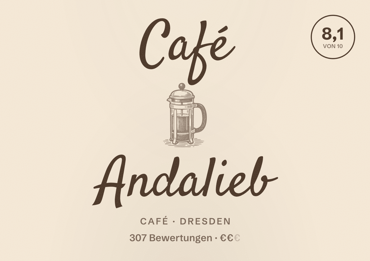 Illustriertes Poster von Café Andalieb, Café in Dresden: Bewertung 8,1 von 10 aus 307 Bewertungen, Preisniveau €€