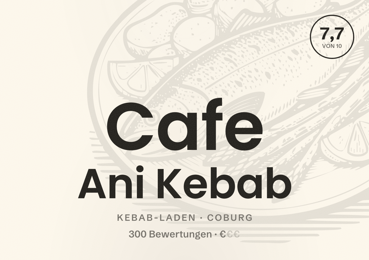 Illustriertes Poster von Cafe Ani Kebab, Kebab-Laden in Coburg: Bewertung 7,7 von 10 aus 300 Bewertungen, Preisniveau €