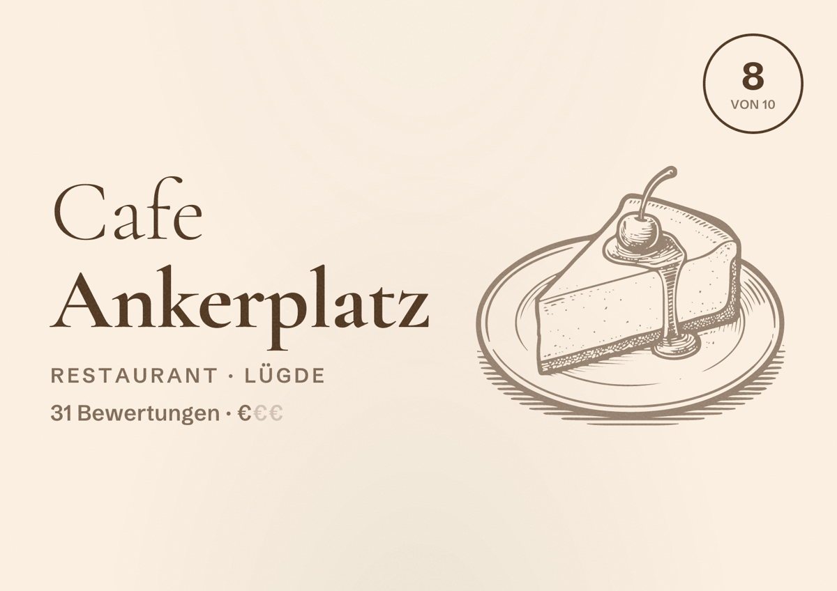 Illustriertes Poster von Cafe Ankerplatz, Restaurant in Lügde: Bewertung 8 von 10 aus 31 Bewertungen, Preisniveau €