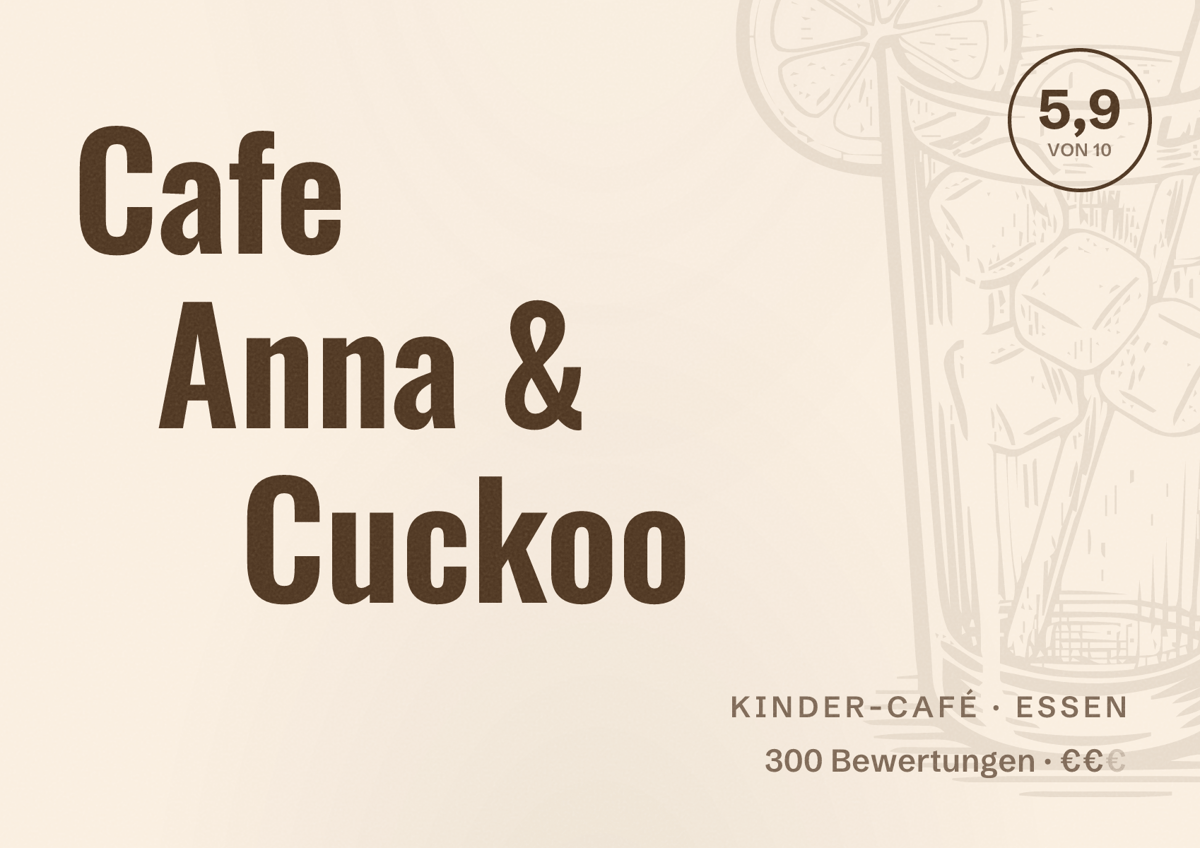 Illustriertes Poster von Cafe Anna & Cuckoo, Kinder-Café in Essen: Bewertung 5,9 von 10 aus 300 Bewertungen, Preisniveau €€