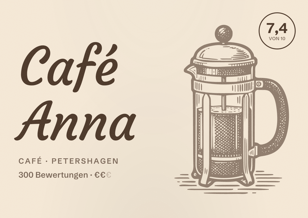 Illustriertes Poster von Café Anna, Café in Petershagen: Bewertung 7,4 von 10 aus 300 Bewertungen, Preisniveau €€