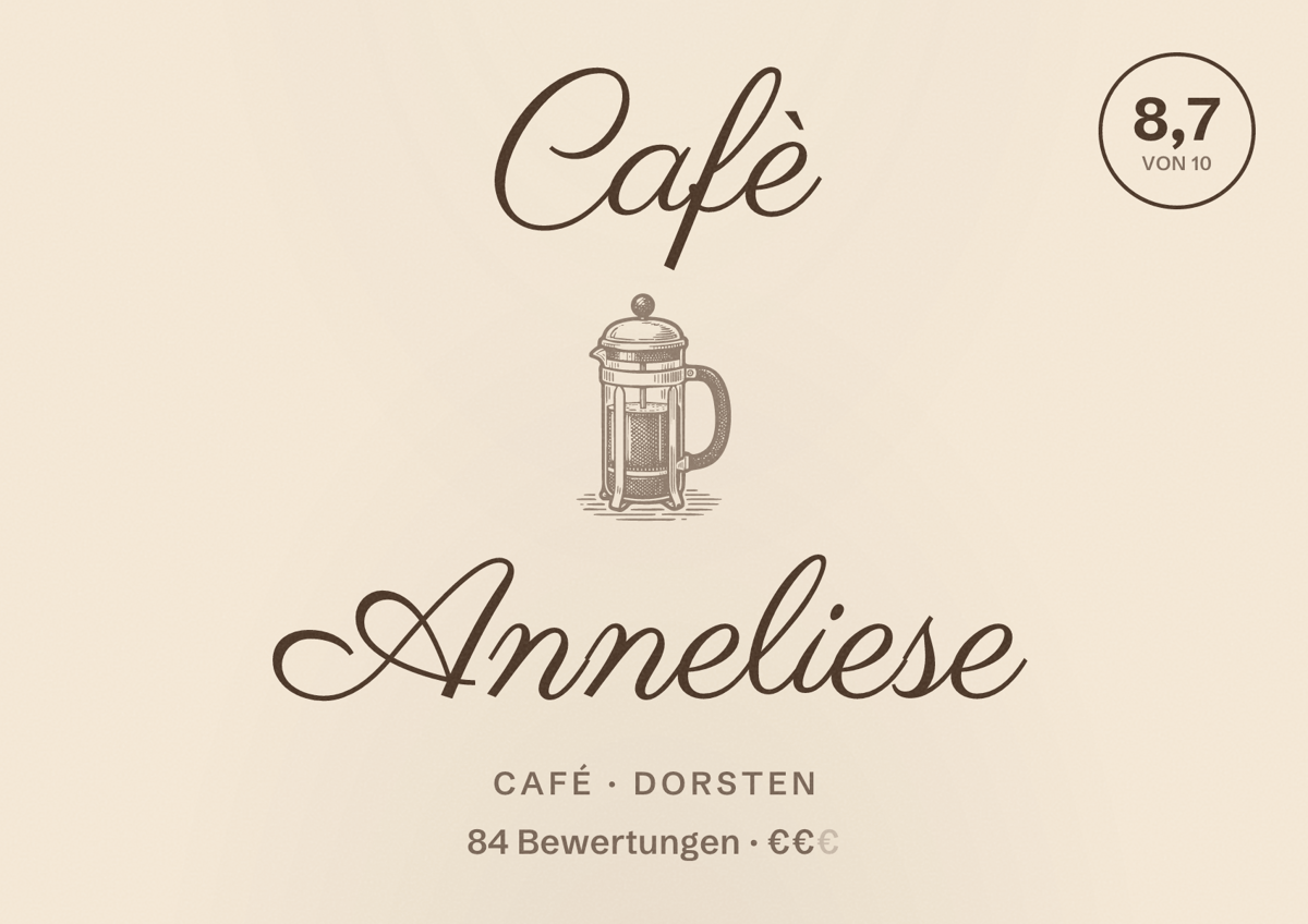 Illustriertes Poster von Cafè Anneliese, Café in Dorsten: Bewertung 8,7 von 10 aus 84 Bewertungen, Preisniveau €€