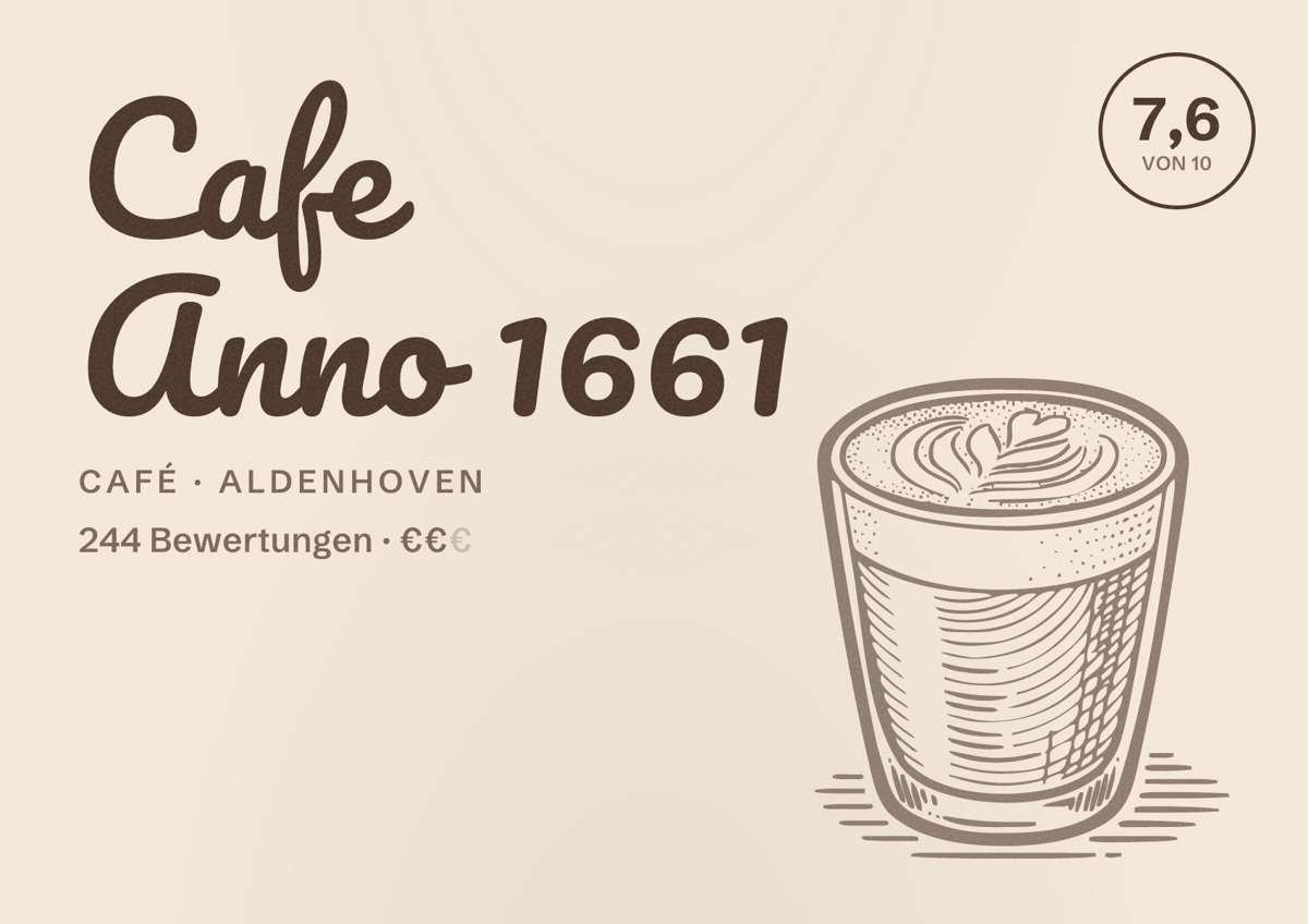 Illustriertes Poster von Cafe Anno 1661, Café in Aldenhoven: Bewertung 7,6 von 10 aus 244 Bewertungen, Preisniveau €€
