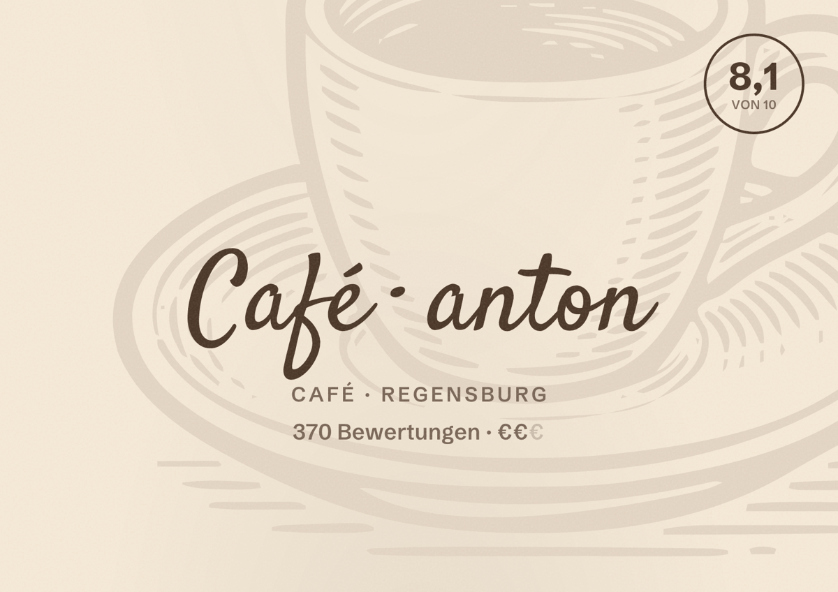 Illustriertes Poster von Café anton, Café in Regensburg: Bewertung 8,1 von 10 aus 370 Bewertungen, Preisniveau €€