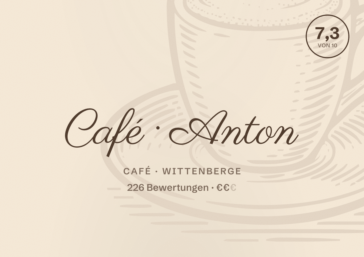Illustriertes Poster von Café Anton, Café in Wittenberge: Bewertung 7,3 von 10 aus 226 Bewertungen, Preisniveau €€