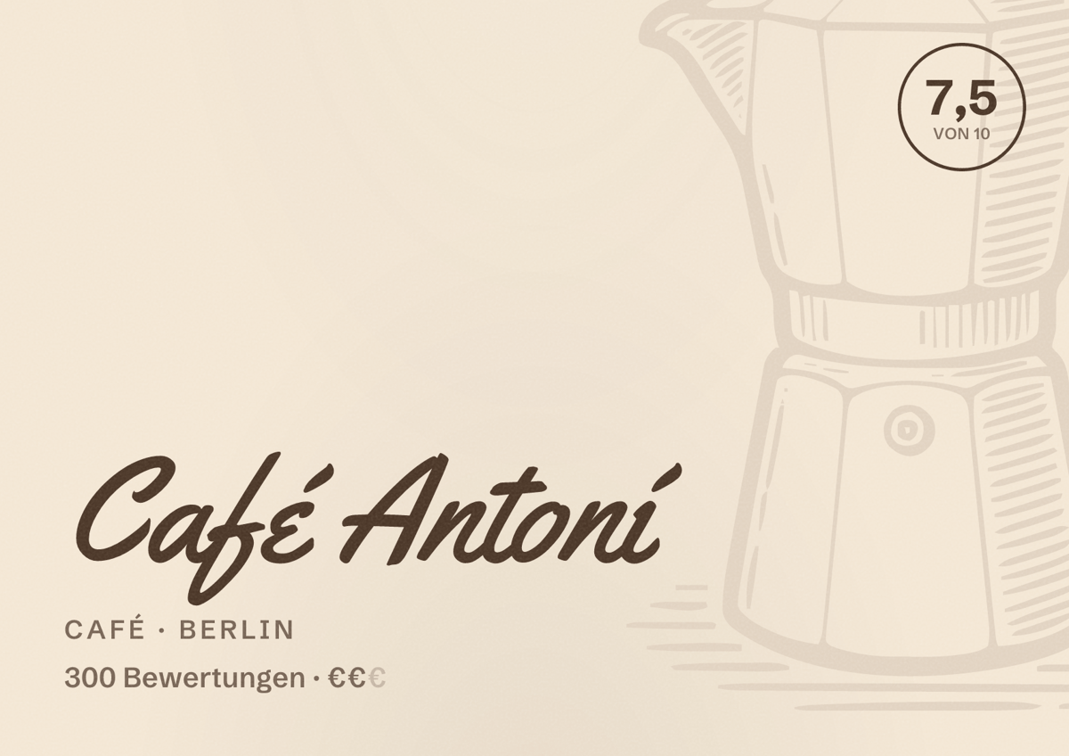 Illustriertes Poster von Café Antoní, Café in Berlin: Bewertung 7,5 von 10 aus 300 Bewertungen, Preisniveau €€