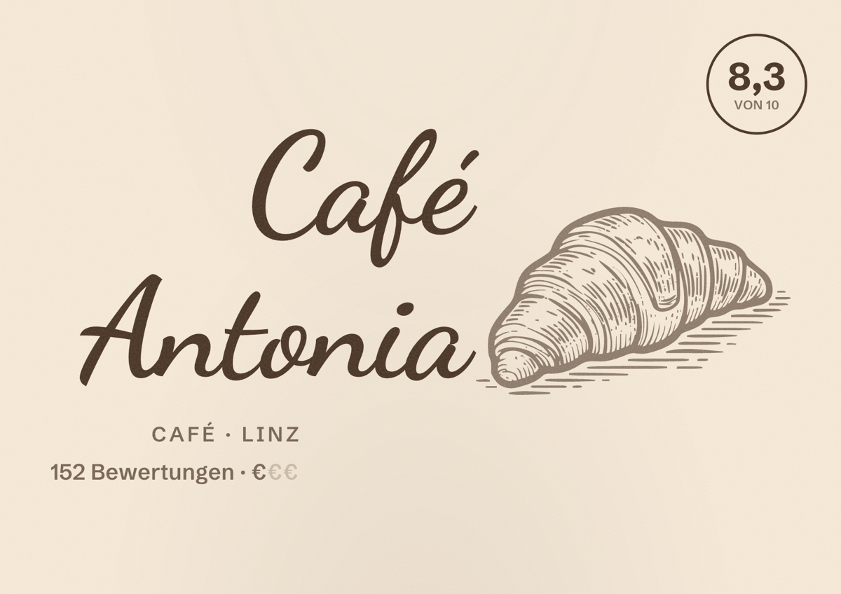 Illustriertes Poster von Café Antonia, Café in Linz: Bewertung 8,3 von 10 aus 152 Bewertungen, Preisniveau €