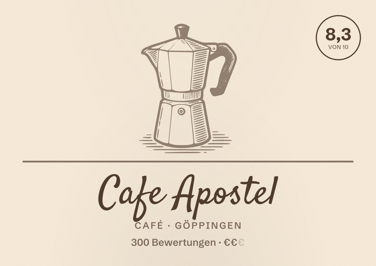 Illustriertes Poster von Cafe Apostel, Café in Göppingen: Bewertung 8,3 von 10 aus 300 Bewertungen, Preisniveau €€