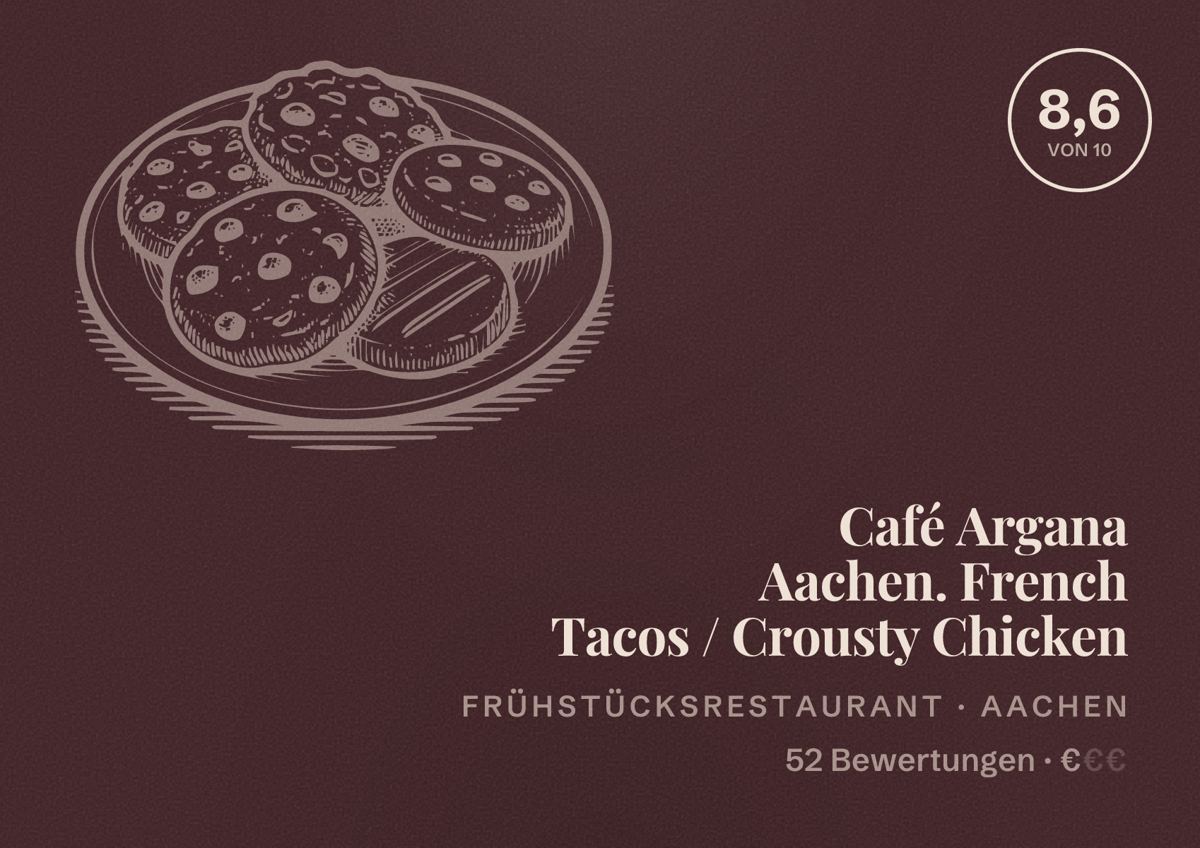 Illustriertes Poster von Café Argana Aachen. French Tacos / Crousty Chicken, Frühstücksrestaurant in Aachen: Bewertung 8,6 von 10 aus 52 Bewertungen, Preisniveau €