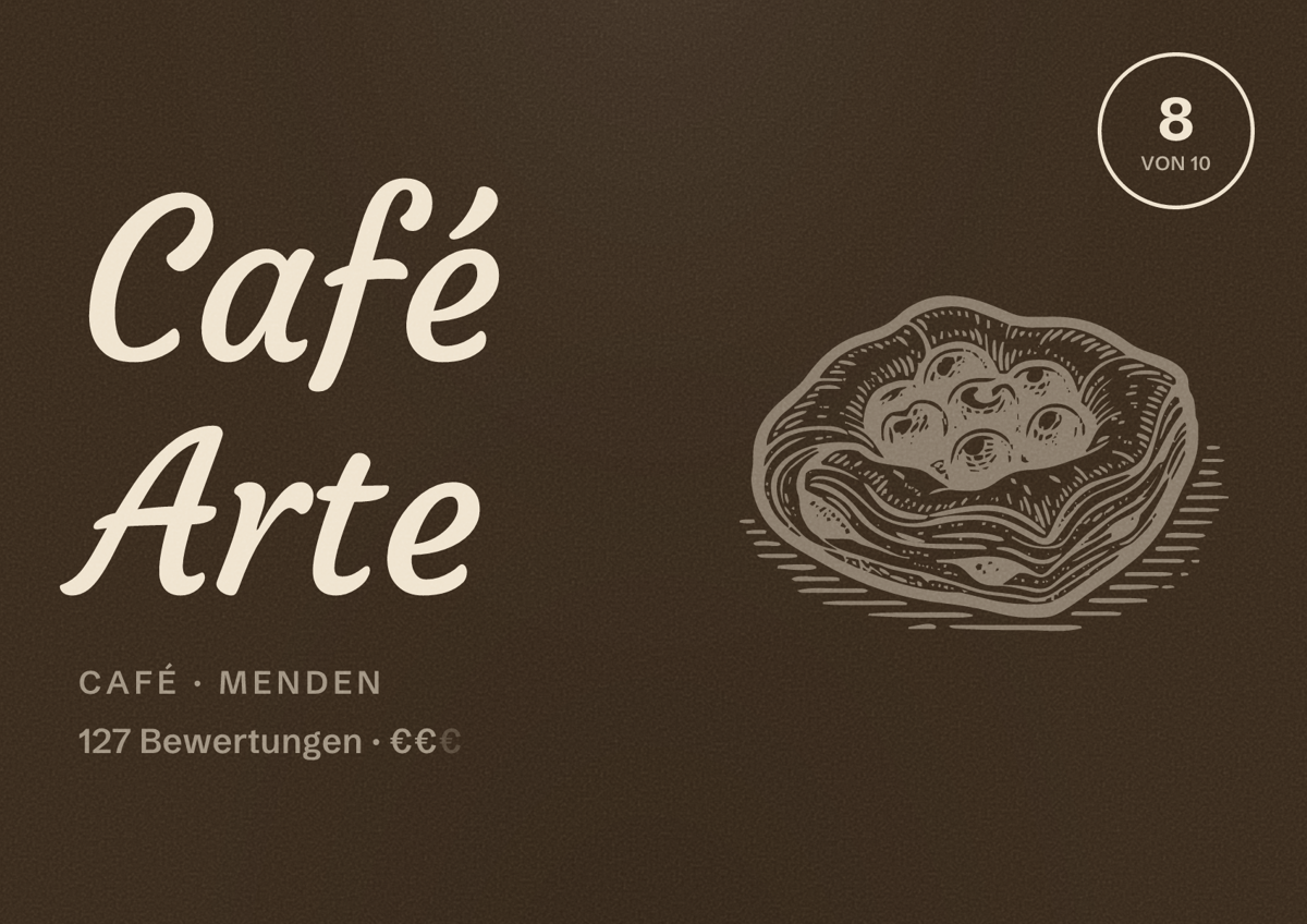 Illustriertes Poster von Café Arte, Café in Menden: Bewertung 8 von 10 aus 127 Bewertungen, Preisniveau €€