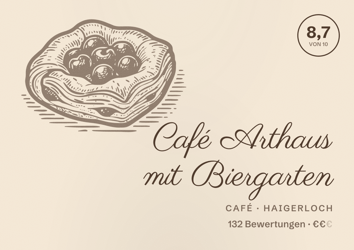 Illustriertes Poster von Café Arthaus mit Biergarten, Café in Haigerloch: Bewertung 8,7 von 10 aus 132 Bewertungen, Preisniveau €€
