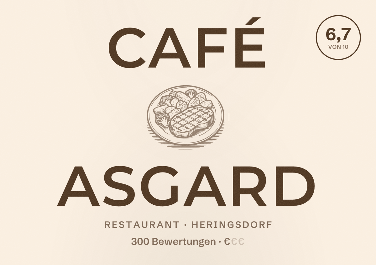 Illustriertes Poster von Café Asgard, Restaurant in Heringsdorf: Bewertung 6,7 von 10 aus 300 Bewertungen, Preisniveau €