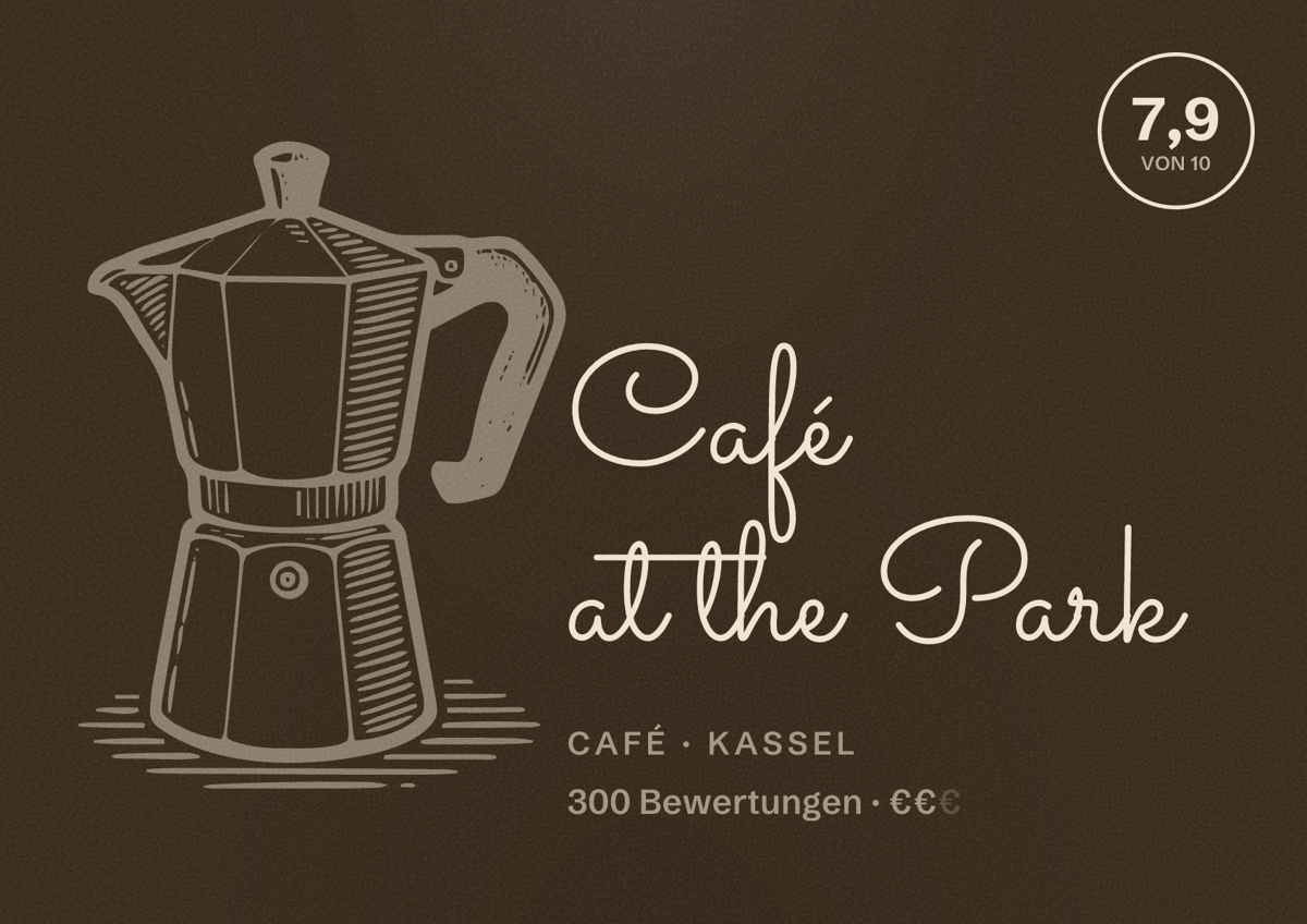 Illustriertes Poster von Café at the Park, Café in Kassel: Bewertung 7,9 von 10 aus 300 Bewertungen, Preisniveau €€