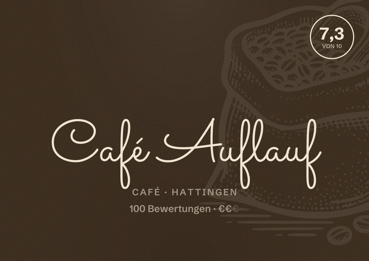 Illustriertes Poster von Café Auflauf, Café in Hattingen: Bewertung 7,3 von 10 aus 100 Bewertungen, Preisniveau €€
