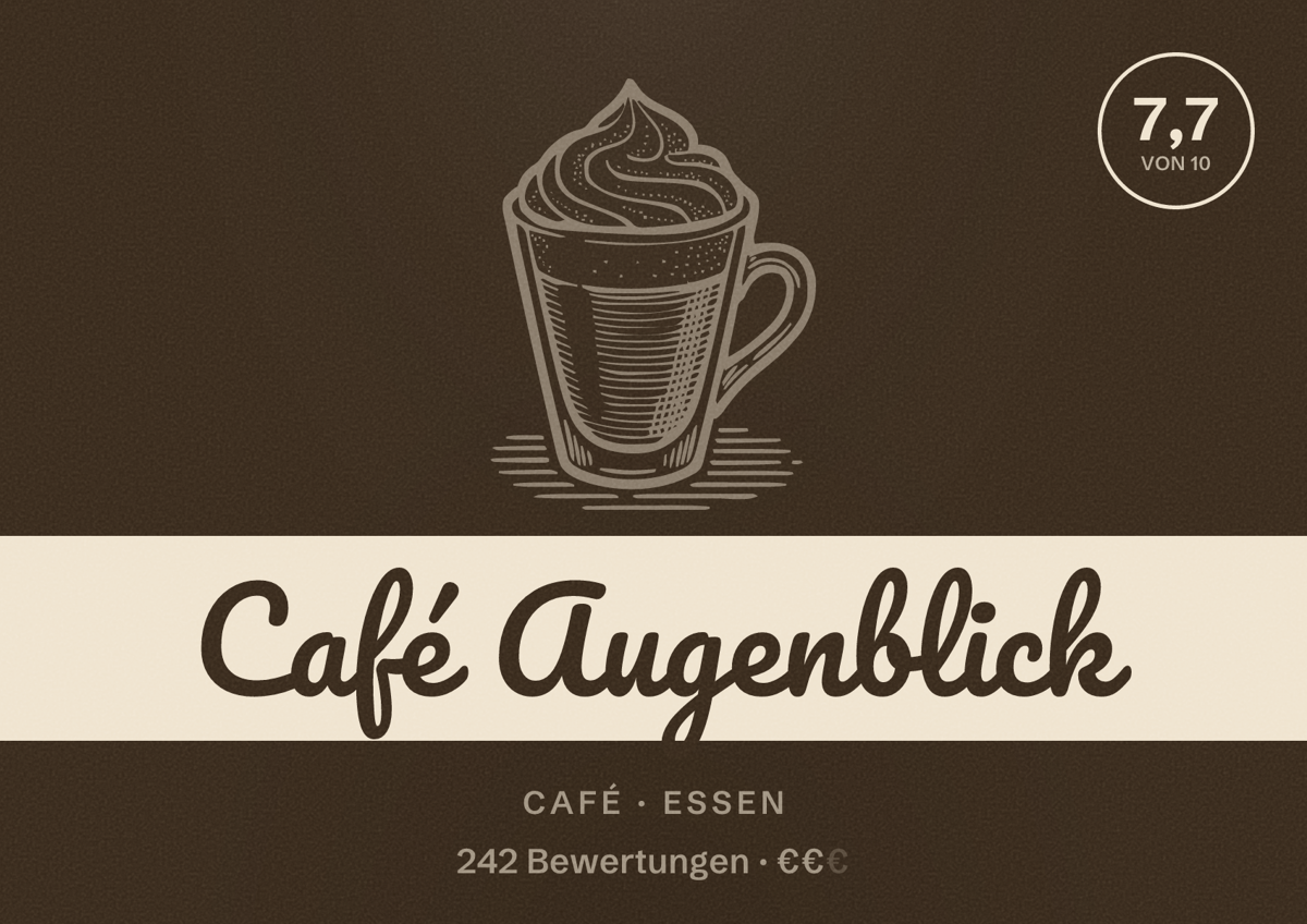 Illustriertes Poster von Café Augenblick, Café in Essen: Bewertung 7,7 von 10 aus 242 Bewertungen, Preisniveau €€