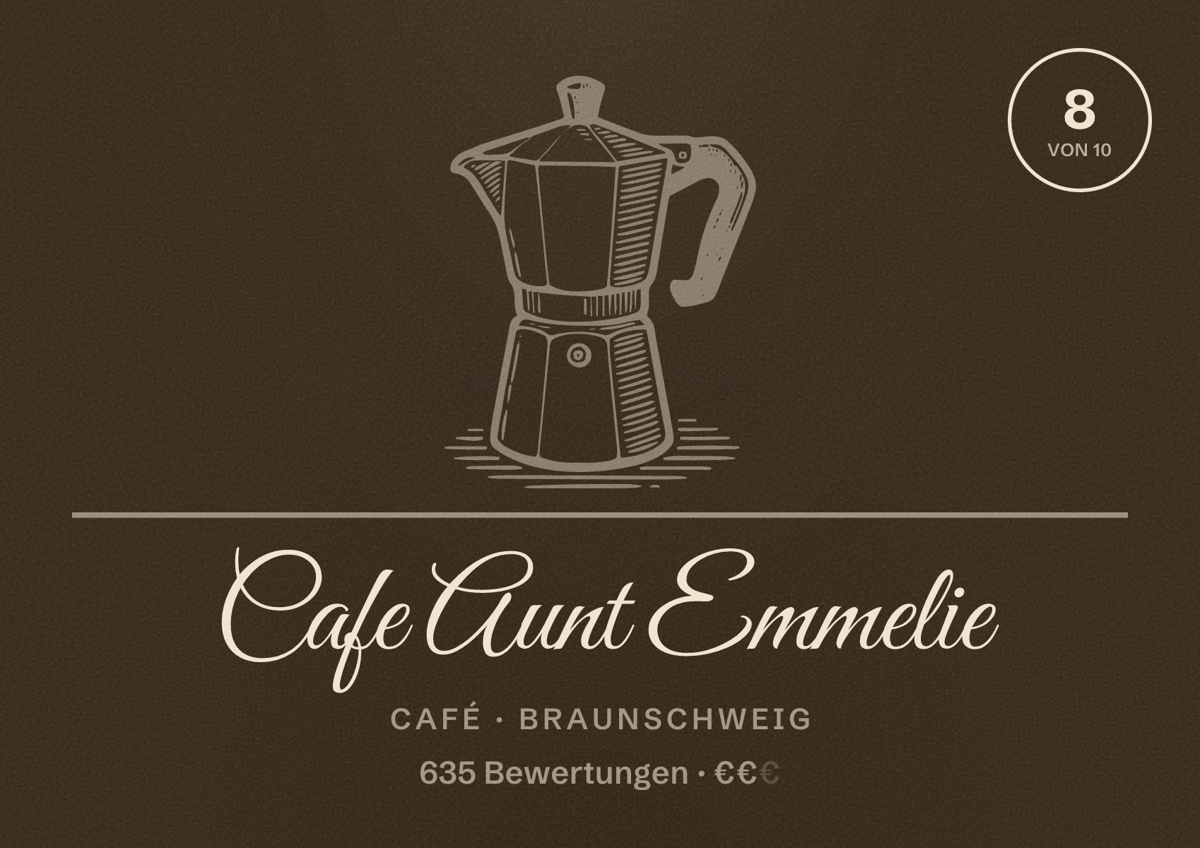 Illustriertes Poster von Cafe Aunt Emmelie, Café in Braunschweig: Bewertung 8,0 von 10 aus 635 Bewertungen, Preisniveau €€