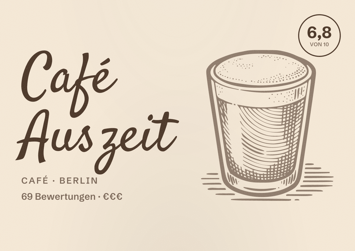 Illustriertes Poster von Café Auszeit, Café in Berlin: Bewertung 6,8 von 10 aus 69 Bewertungen, Preisniveau €€€