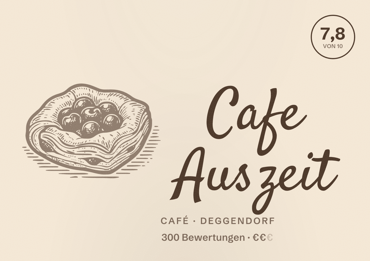 Illustriertes Poster von Cafe Auszeit, Café in Deggendorf: Bewertung 7,8 von 10 aus 300 Bewertungen, Preisniveau €€