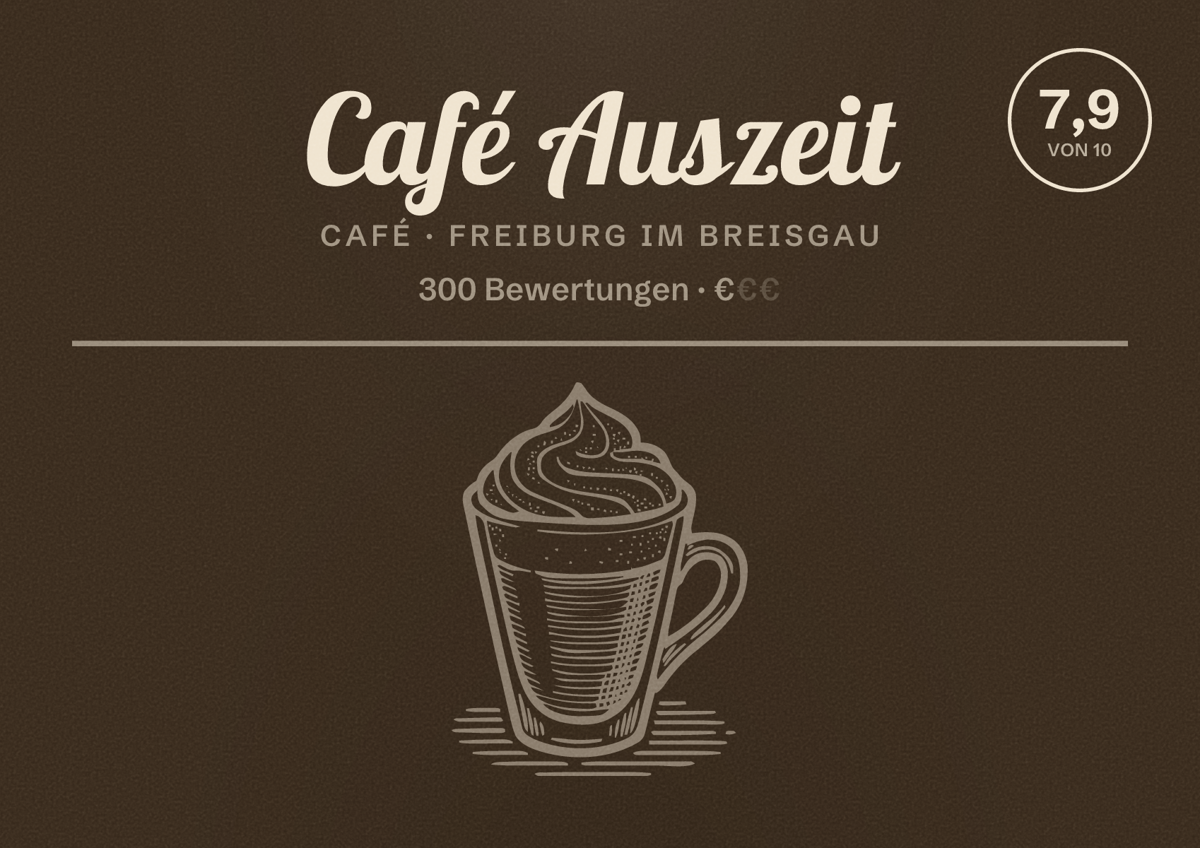 Illustriertes Poster von Café Auszeit, Café in Freiburg im Breisgau: Bewertung 7,9 von 10 aus 300 Bewertungen, Preisniveau €