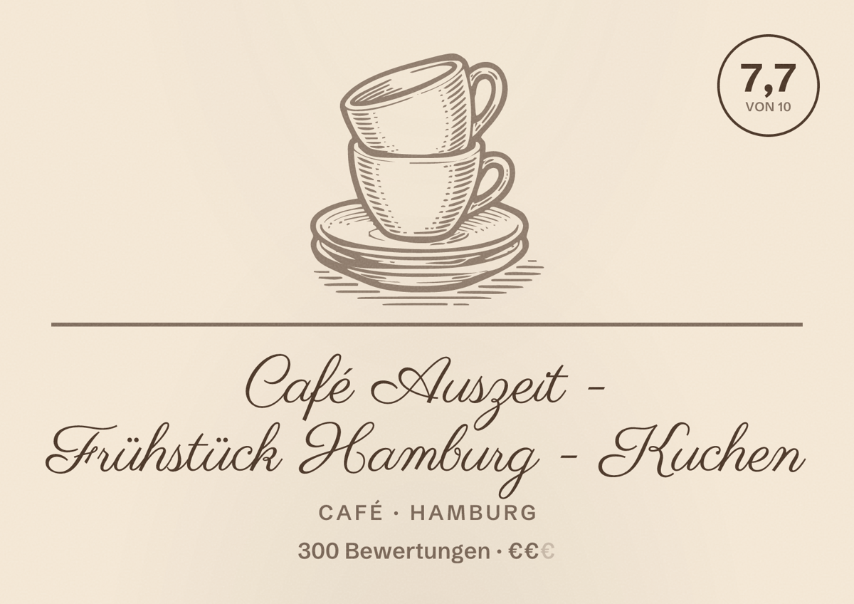 Illustriertes Poster von Café Auszeit - Frühstück Hamburg - Kuchen, Café in Hamburg: Bewertung 7,7 von 10 aus 300 Bewertungen, Preisniveau €€
