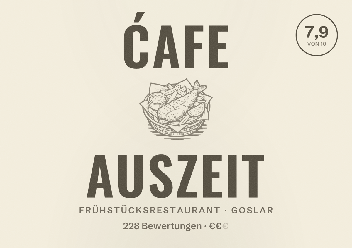 Illustriertes Poster von Ćafe Auszeit, Frühstücksrestaurant in Goslar: Bewertung 7,9 von 10 aus 228 Bewertungen, Preisniveau €€