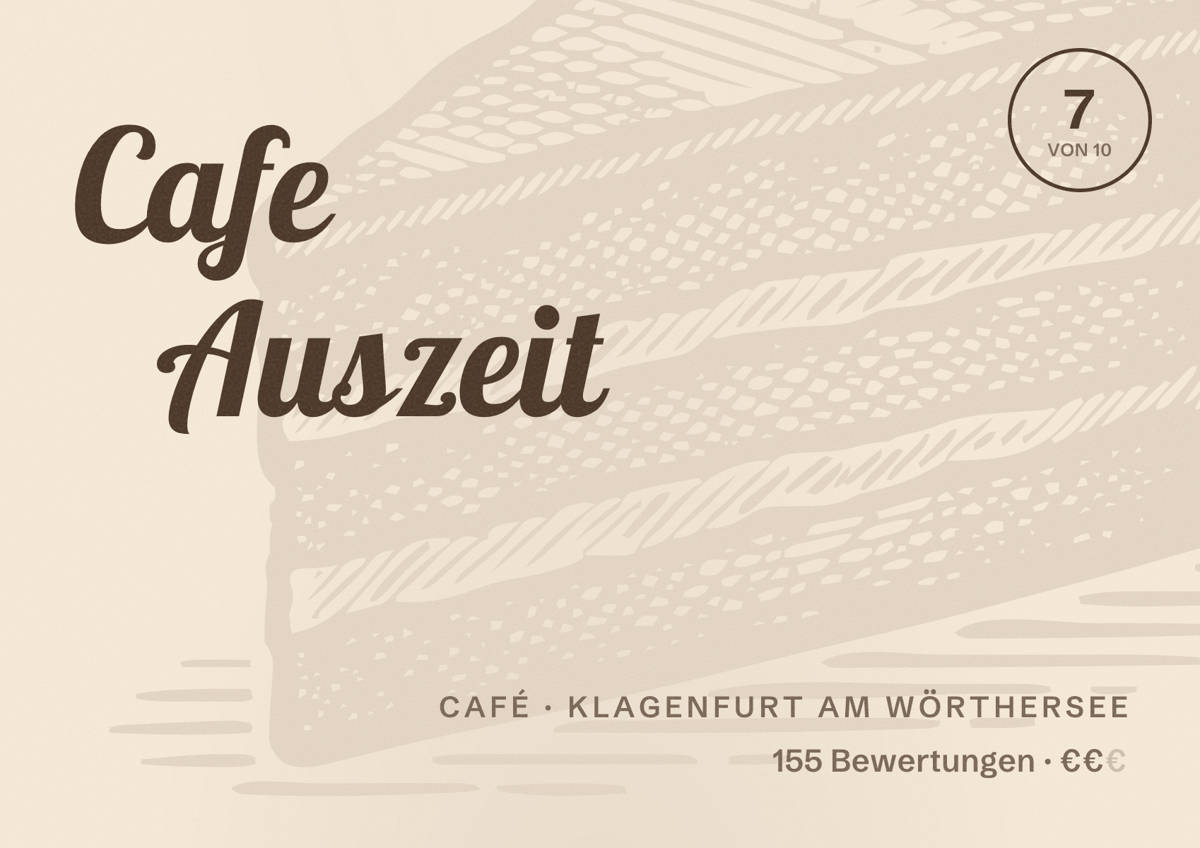 Illustriertes Poster von Cafe Auszeit, Café in Klagenfurt am Wörthersee: Bewertung 7 von 10 aus 155 Bewertungen, Preisniveau €€