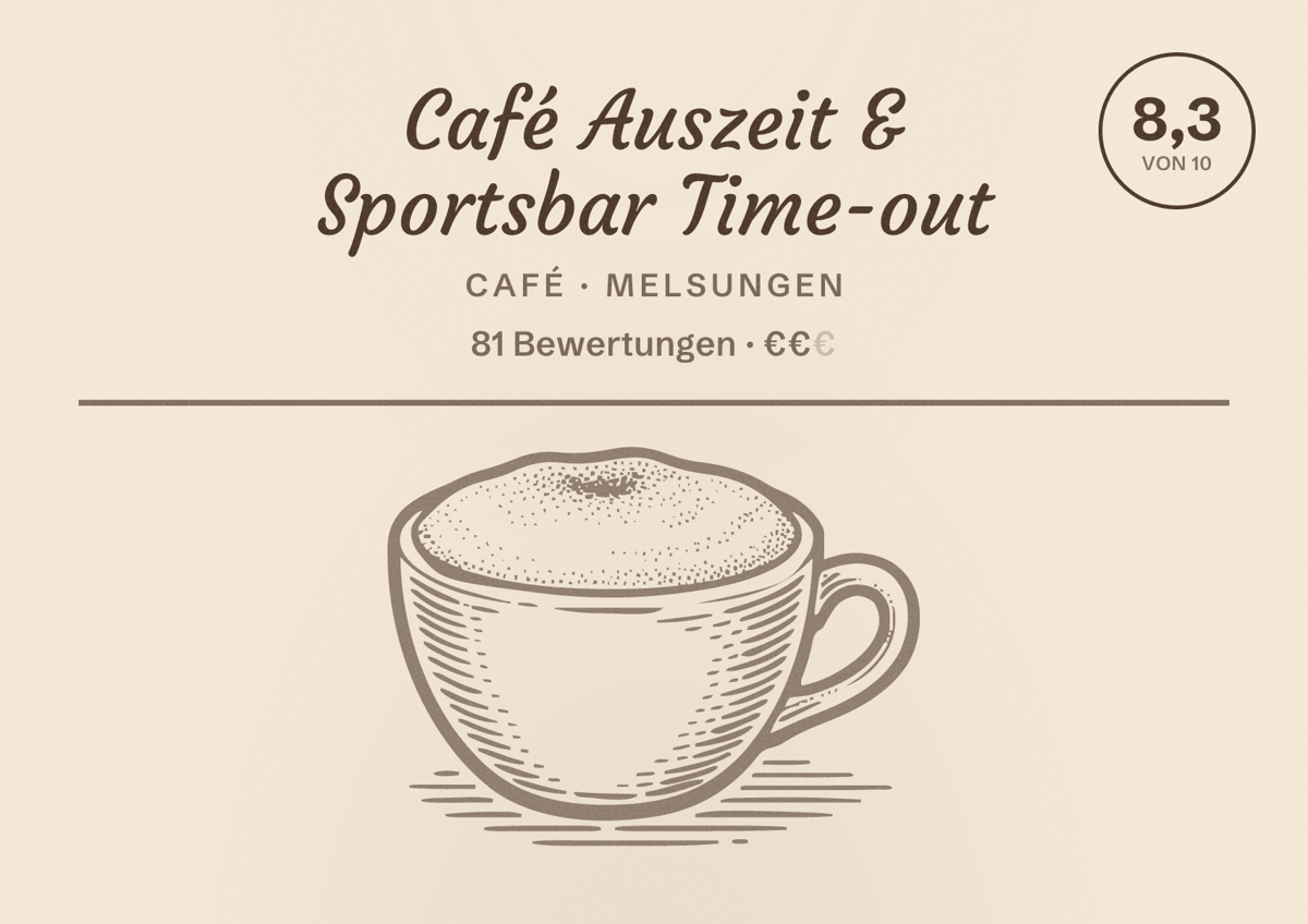 Illustriertes Poster von Café Auszeit & Sportsbar Time-out, Café in Melsungen: Bewertung 8,3 von 10 aus 81 Bewertungen, Preisniveau €€