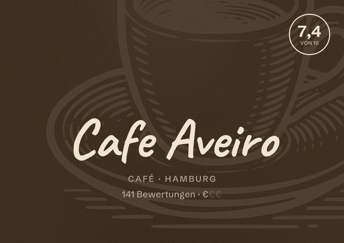 Illustriertes Poster von Cafe Aveiro, Café in Hamburg: Bewertung 7,4 von 10 aus 141 Bewertungen, Preisniveau €