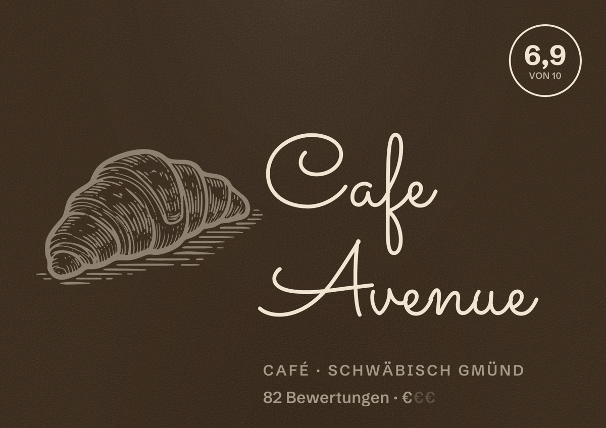 Illustriertes Poster von Cafe Avenue, Café in Schwäbisch Gmünd: Bewertung 6,9 von 10 aus 82 Bewertungen, Preisniveau €