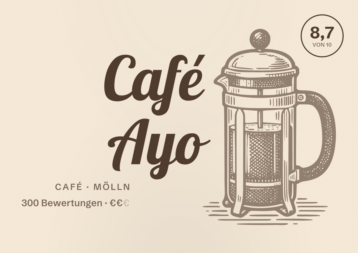 Illustriertes Poster von Café Ayo, Café in Mölln: Bewertung 8,7 von 10 aus 300 Bewertungen, Preisniveau €€