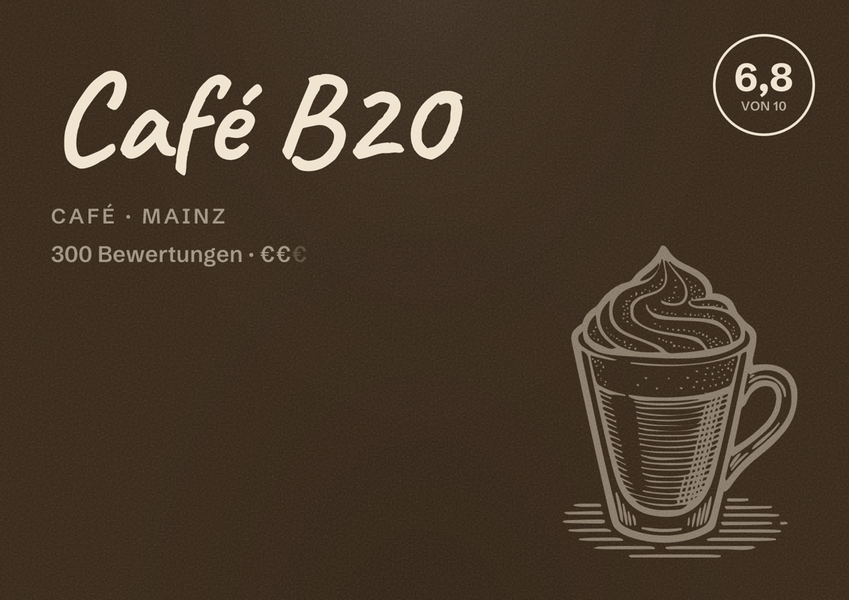 Illustriertes Poster von Café B20, Café in Mainz: Bewertung 6,8 von 10 aus 300 Bewertungen, Preisniveau €€