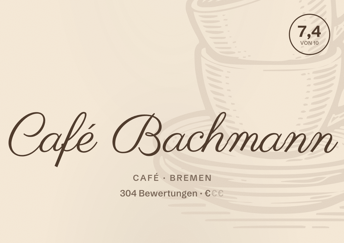 Illustriertes Poster von Café Bachmann, Café in Bremen: Bewertung 7,4 von 10 aus 304 Bewertungen, Preisniveau €