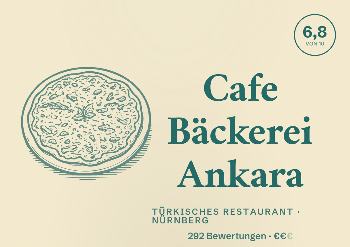 Illustriertes Poster von Cafe Bäckerei Ankara, Türkisches Restaurant in Nürnberg: Bewertung 6,8 von 10 aus 292 Bewertungen, Preisniveau €€