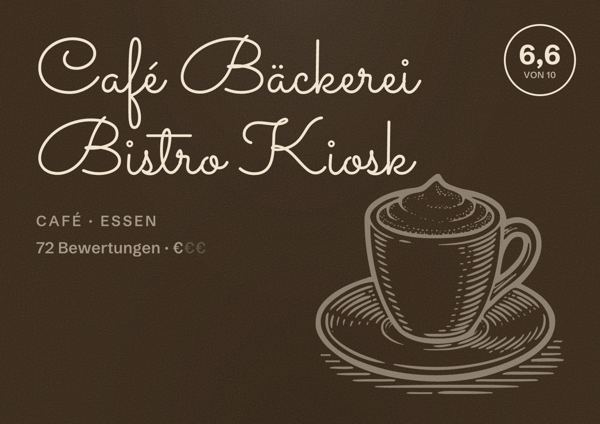 Illustriertes Poster von Café Bäckerei Bistro Kiosk, Café in Essen: Gästebewertung 6,6 von 10 aus 72 Bewertungen