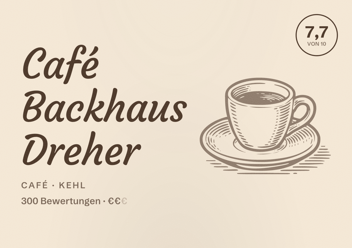 Illustriertes Poster von Café Backhaus Dreher, Café in Kehl: Bewertung 7,7 von 10 aus 300 Bewertungen, Preisniveau €€