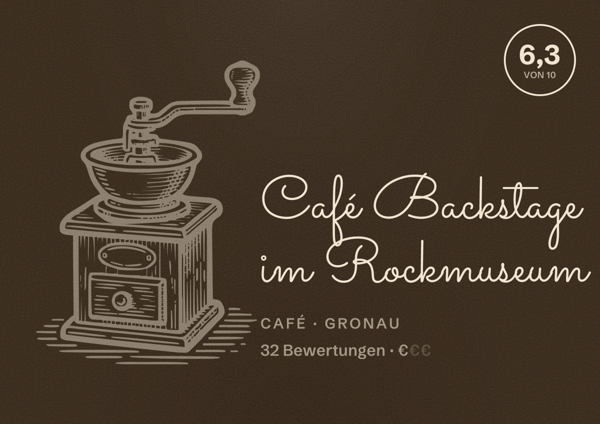 Illustriertes Poster von Café Backstage im Rockmuseum, Café in Gronau: Bewertung 6,3 von 10 aus 32 Bewertungen, Preisniveau €