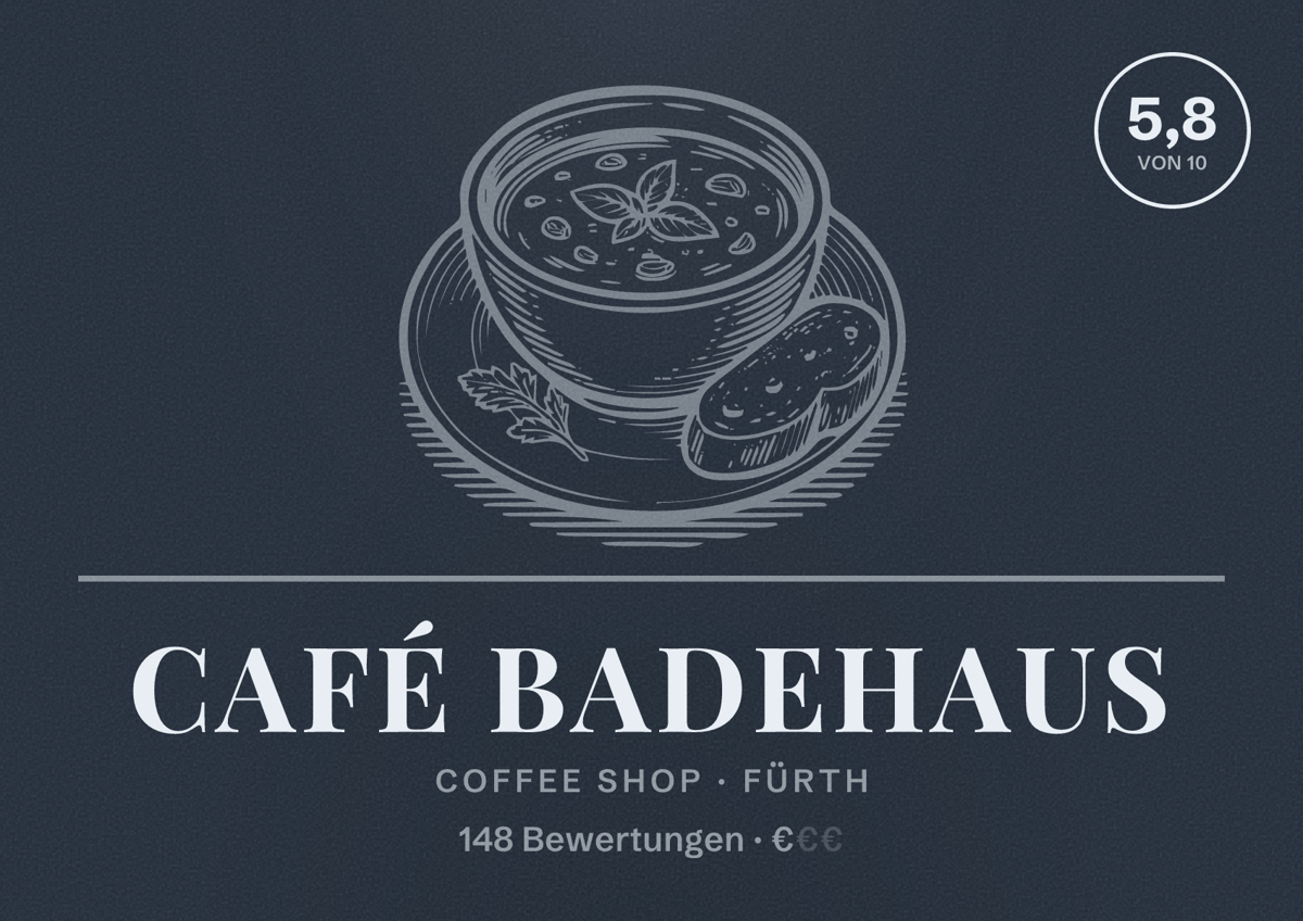 Illustriertes Poster von Café Badehaus, Coffee Shop in Fürth: Bewertung 5,8 von 10 aus 148 Bewertungen, Preisniveau €