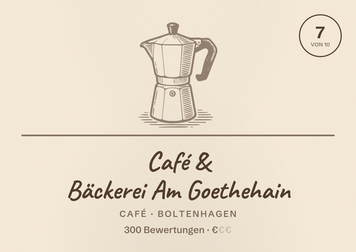 Illustriertes Poster von Café & Bäckerei Am Goethehain, Café in Boltenhagen: Bewertung 7 von 10 aus 300 Bewertungen, Preisniveau €