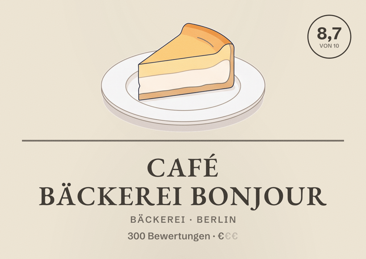 Illustriertes Poster von Café Bäckerei Bonjour, Bäckerei in Berlin: Bewertung 8,7 von 10 aus 300 Bewertungen, Preisniveau €