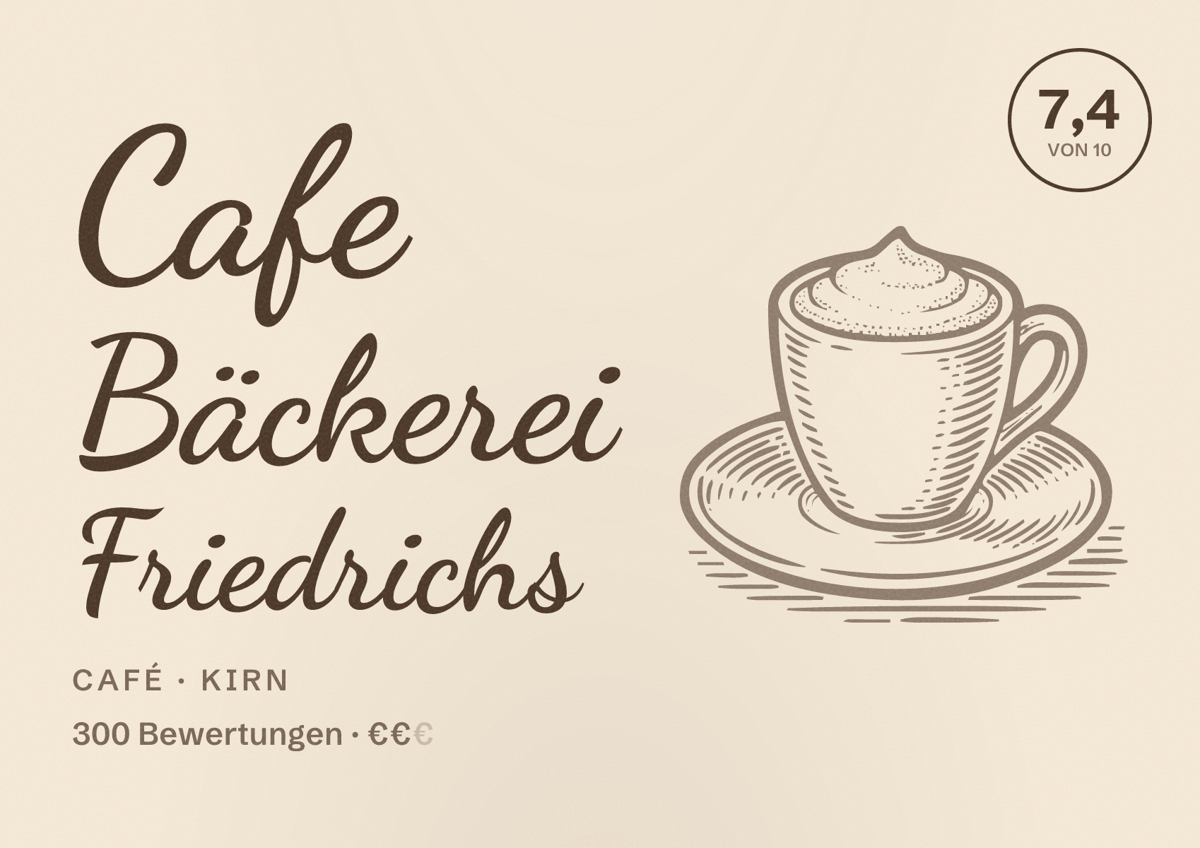 Illustriertes Poster von Cafe Bäckerei Friedrichs, Café in Kirn: Bewertung 7,4 von 10 aus 300 Bewertungen, Preisniveau €€