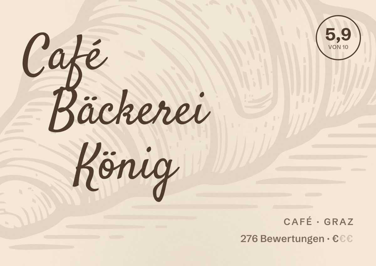 Illustriertes Poster von Café Bäckerei König, Café in Graz: Bewertung 5,9 von 10 aus 276 Bewertungen, Preisniveau €