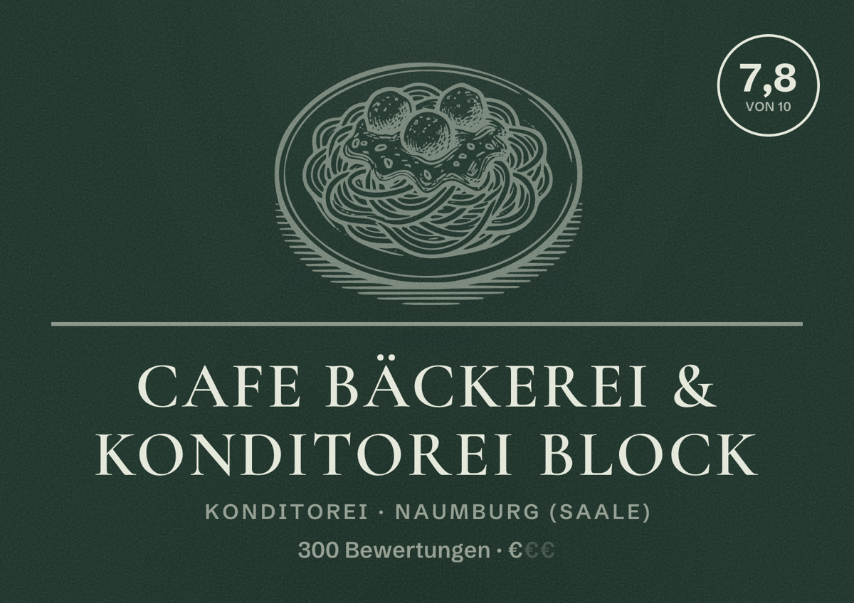Illustriertes Poster von Cafe Bäckerei & Konditorei Block, Konditorei in Naumburg (Saale): Bewertung 7,8 von 10 aus 300 Bewertungen, Preisniveau €