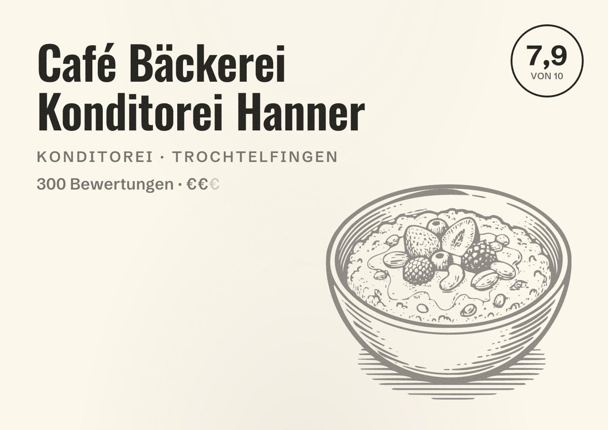 Illustriertes Poster von Café Bäckerei Konditorei Hanner, Konditorei in Trochtelfingen: Bewertung 7,9 von 10 aus 300 Bewertungen, Preisniveau €€