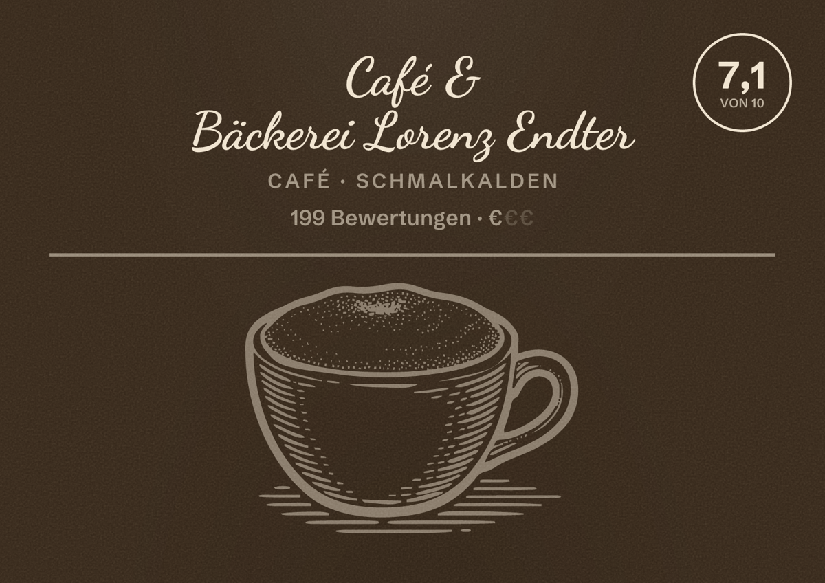 Illustriertes Poster von Café & Bäckerei Lorenz Endter, Café in Schmalkalden: Bewertung 7,1 von 10 aus 199 Bewertungen, Preisniveau €