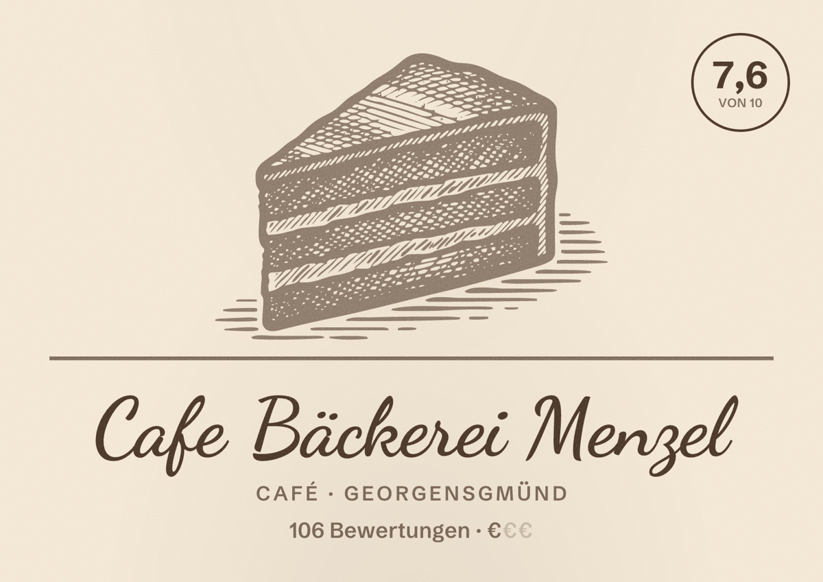 Illustriertes Poster von Cafe Bäckerei Menzel, Café in Georgensgmünd: Bewertung 7,6 von 10 aus 106 Bewertungen, Preisniveau €